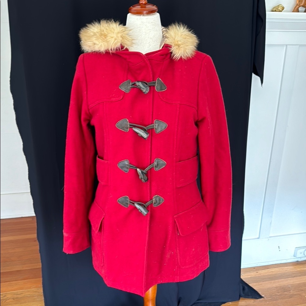 American Eagle Outfitters Wool Blend Women's Red Toggle Coat with Faux Fur Hood